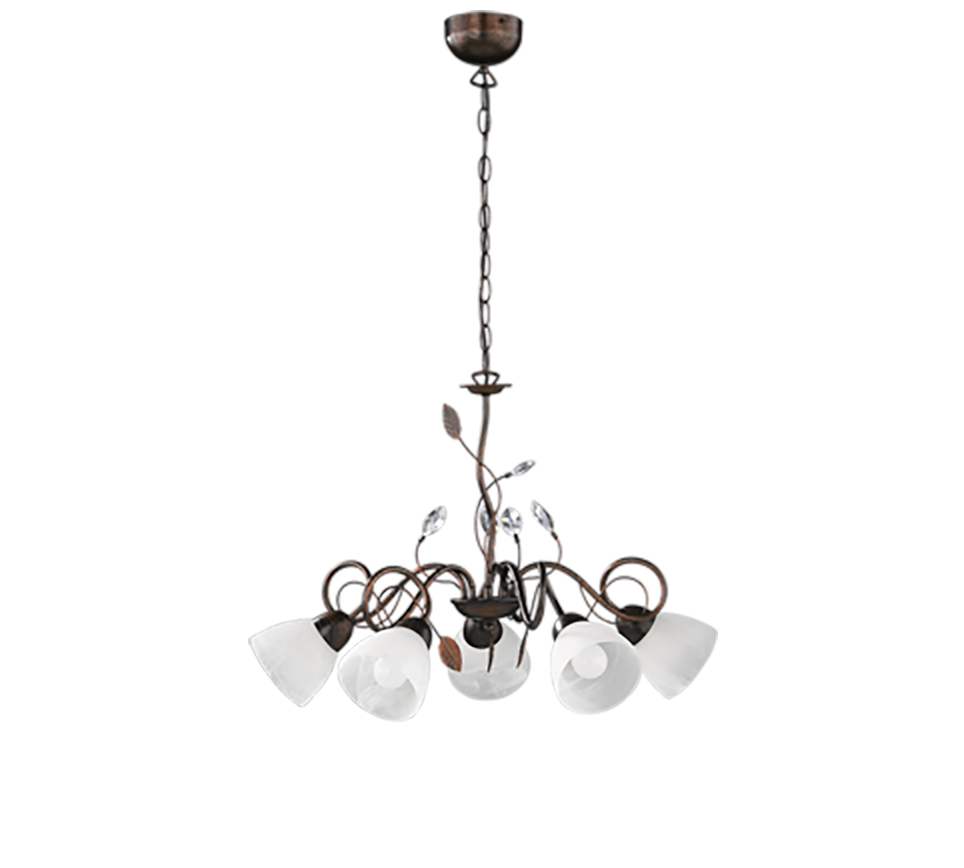 Lampadario con palle di luce e aste color legno