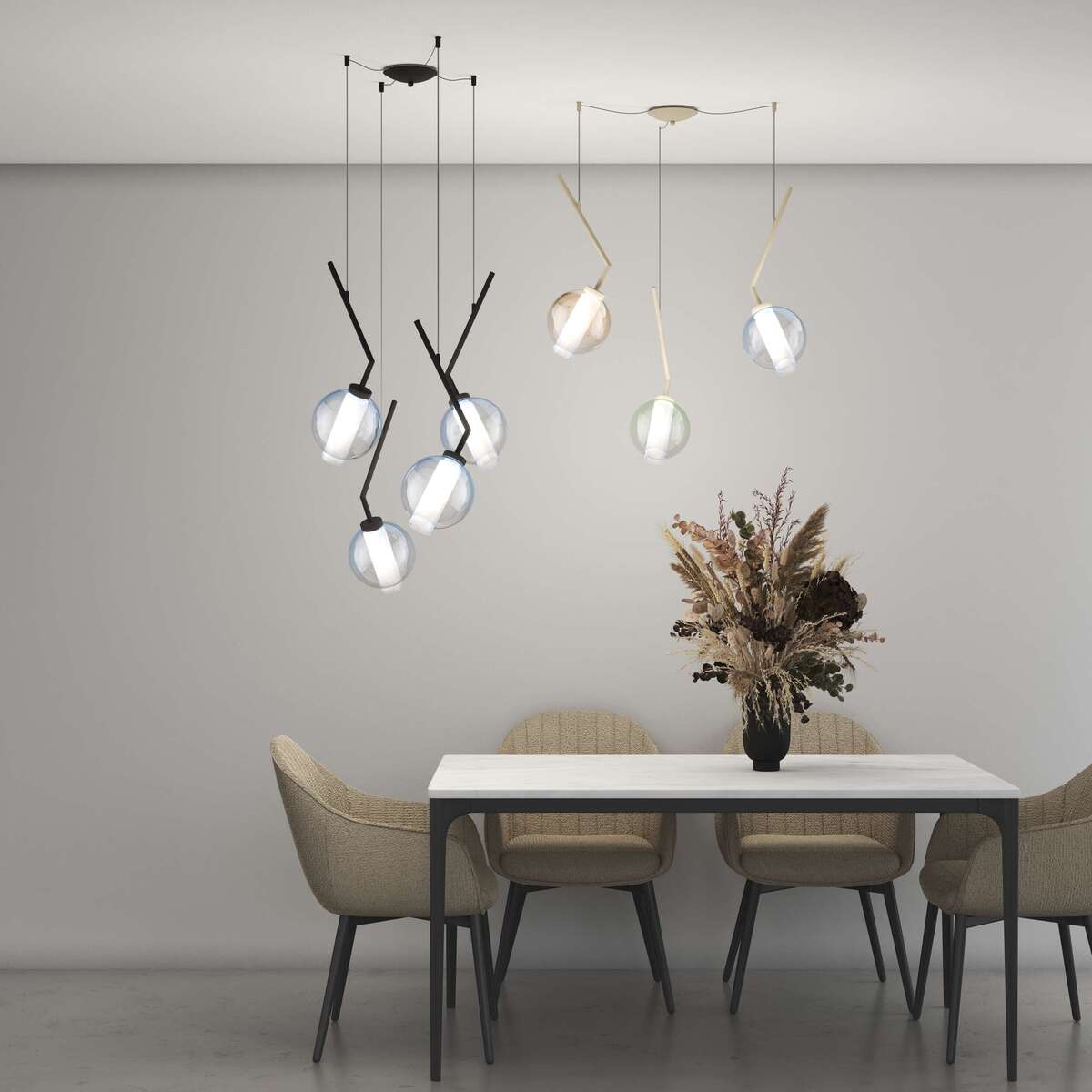 Lampadario con Tre Sfere Bianche dal Design Unico